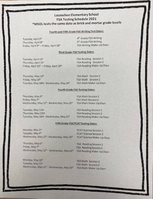 Lacoochee Elementary Schools Updated FSA Testing Schedule